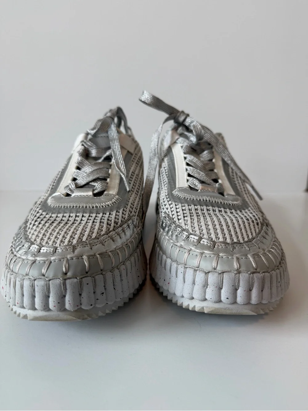 Chloé White and Silver Woven Platform Sneakers